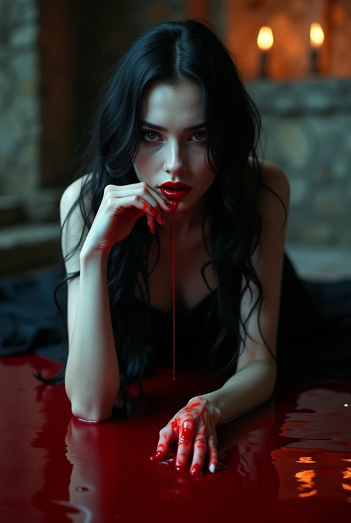 Vampire woman in a pool of blood looking straight ahead with a look of despair as she wipes her mouth which is also covered in blood
