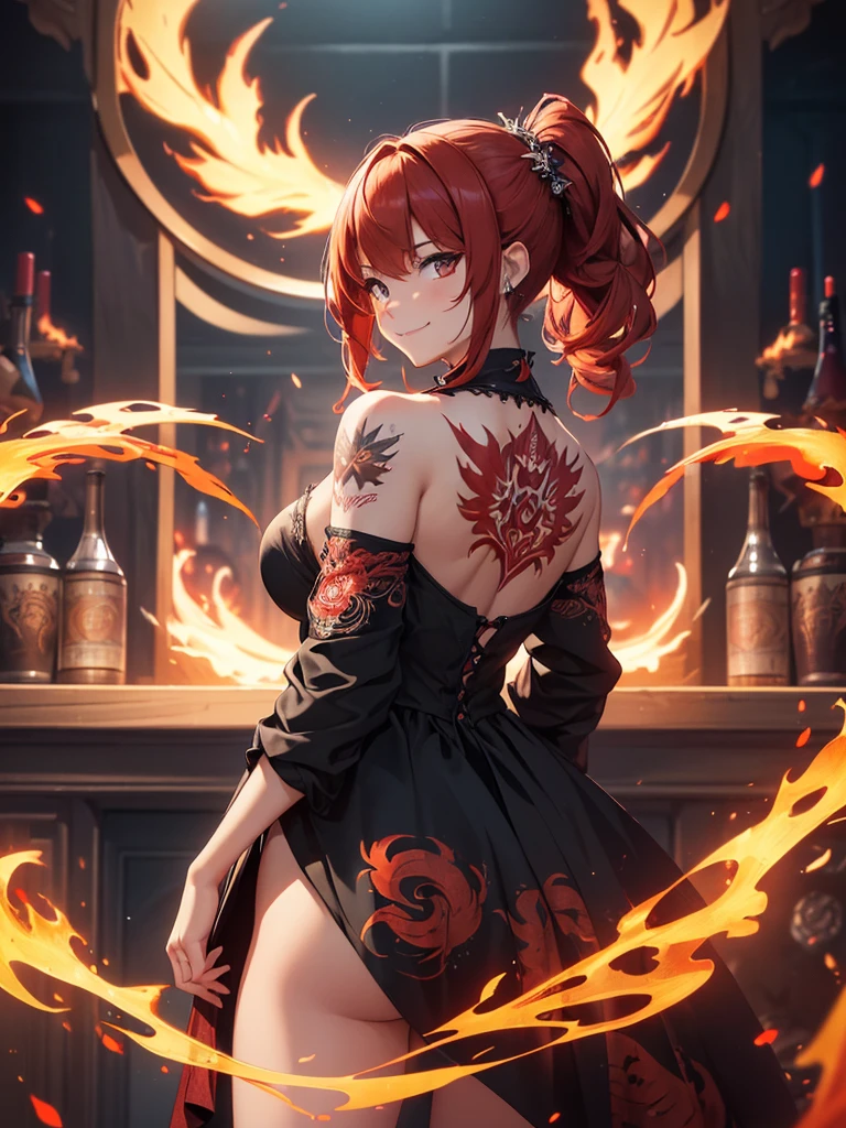 (((best quality, sharp image, clear image, cinematic lighting, 8k resolution, masterpiece, ultra detailed, intricate))) Girl, (((looking over left shoulder))), (shot from behind), ((shot from hip up)), fiery red hair, pigtails, ((intricate black dress)), ((flaming sigils, flaming runes)), spiky rock formations, (flaming lotus flowers frame), (intricate background), (chaotic background), ((Phoenix)), (swirling flames), smiling,tatoo on back