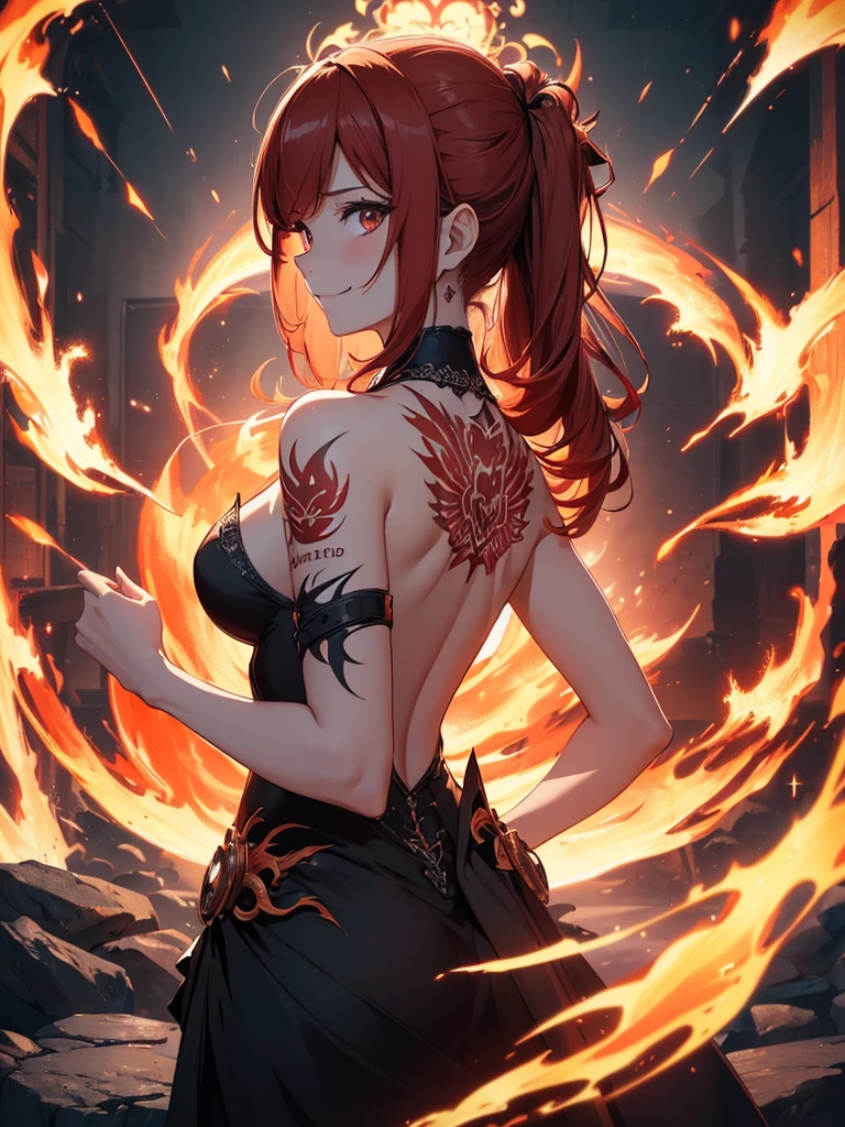 (((best quality, sharp image, clear image, cinematic lighting, 8k resolution, masterpiece, ultra detailed, intricate))) Girl, (((looking over left shoulder))), (shot from behind), ((shot from hip up)), fiery red hair, pigtails, ((intricate black dress)), ((flaming sigils, flaming runes)), spiky rock formations, (flaming lotus flowers frame), (intricate background), (chaotic background), ((Phoenix)), (swirling flames), smiling,tatoo on back