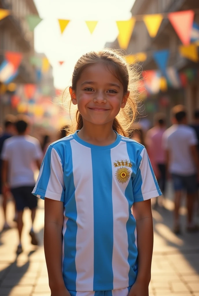 A girl with her breasts out blushing wearing an Argentina shirt