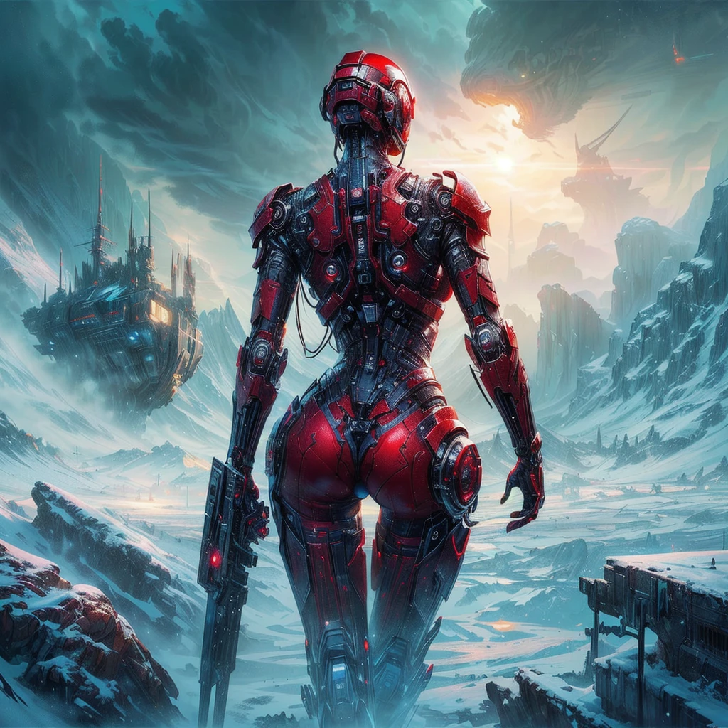 there is a red android woman standing in the snow, sci-fi fantasy art, beautiful sci fi art, sci fi artwork, sci-fi digital art, sci fi epic digital art, epic fantasy sci fi illustration, detailed sci-fi art, sci - fi artwork, sci-fi artwork, sci-fi illustrations, sci fi art, sci - fi illustrations