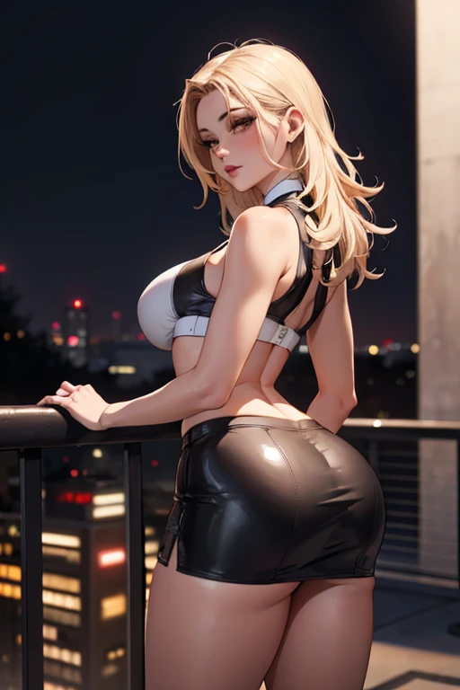 masterpiece, best quality, shadows, perfect hands, perfect legs, perfect anatomy, pretty face, mature features, 1 girl, 21 years old, MILF, mature woman, tight crop top, sexy leather skirt, city night background, white long hair, thighs, ass, breast, seductive, spicy, posing, cinematography lights,