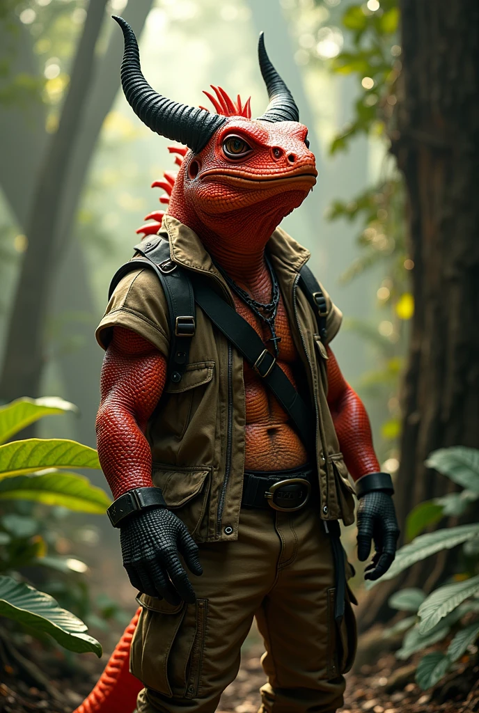 Lizardman red
With small black horns
Indiana Jones clothing
Without hat
Red scales
