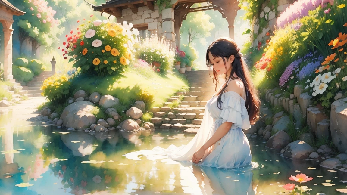 water color art, In this ethereal setting, Dreams and reality are intertwined. The air is filled with the intoxicating fragrance of flowers, Symphony of exquisite perfume. The flowers seem to liberate the soul, Their essence mingles with the fragrant breeze that caresses the skin.