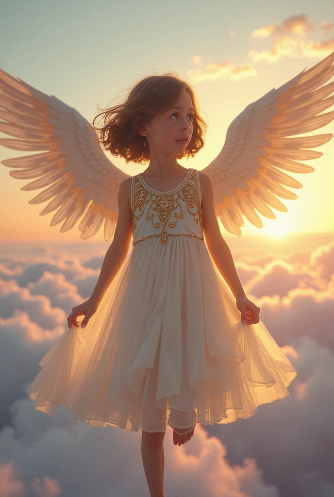 1girl, short flowing hair, wearing upper class roman inspired dress, looking down at the viewer while flying with wings,