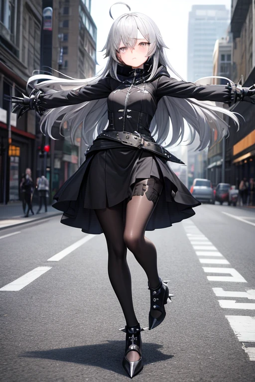 ((best quality)), ((masterpiece)), (detailed), 1 girl, Full body, 18 years old, Depressed face, Silver eyes, Arms outstretched, Arms behind waist, Eyes covered, Blushing, Silver hair, long hair, ahoge, Bangs, strand of hair covering her right eye, Full body, very tall, Small breasts, Slim body, Grey hood, Metal spikes, Grey wristbands, Long black gloves with spikes, Grey goth outfit, Gothic ta, Grey dress, Metal emblem, Tight fitting, Black belt, Metal skin, Black pantyhose, Black shoes, Walking through the city, Metal spikes coming out of the road, City background, Anime