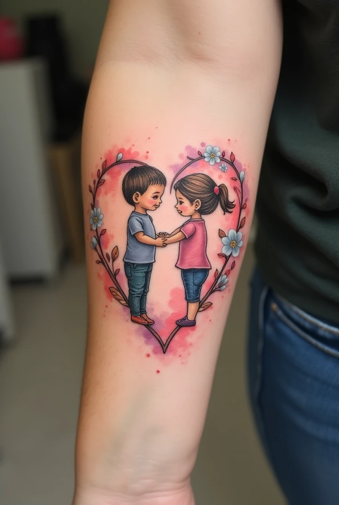 tattoo on arm of a mom with her son and daughter
