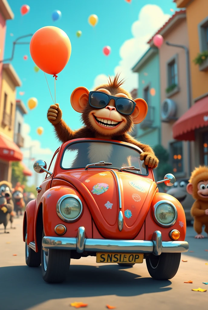 A monkey drives a car and the car is a supid