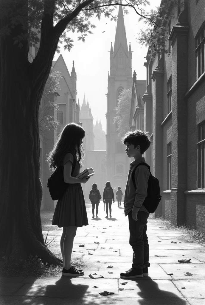 A boy who fell in love, a girl who afraid of love, in a University campus, dark theme, pencil drawing