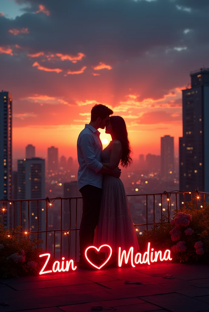 create a realistic Picture a mesmerizing sunset over a city skyline, with buildings forming the silhouette of a heart and a couple embracing on a rooftop with neon glowing two names 'Zain' and 'Madina' and a heart between them