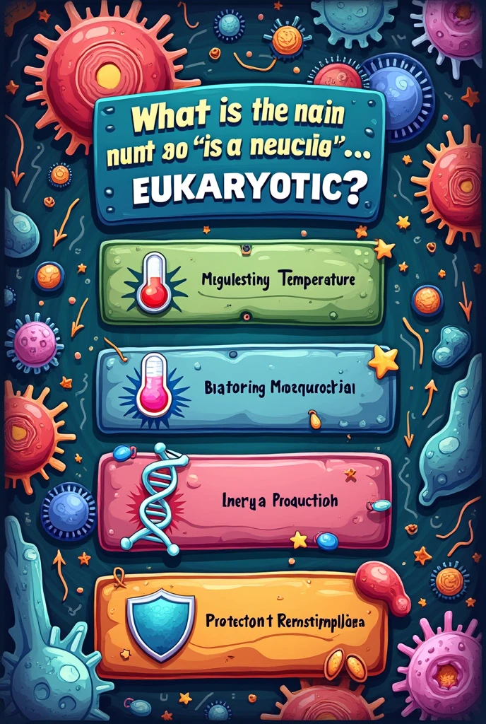 Create an image of a card from a board game with the following text: What is the main function of the nucleus in a eukaryotic cell??
- a) Regulate the cell's temperature
- b) Store genetic material and control cellular activities
- c) Produce energy for the cell
- d) Protect the cell from pathogens