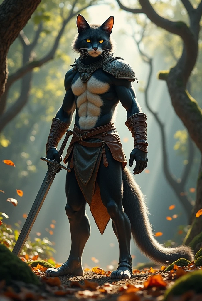 I want you to make an image of a humanoid feline holding a body shield
On the left arm
Put some leather armor on it
Now a longsword on the right arm
The body is to have fur
And I want the fur to be black and white