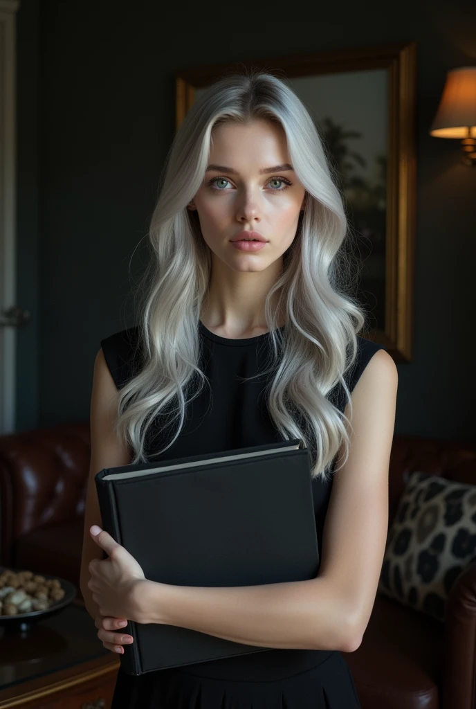 Beautiful girl with white skin, light gray hair below the shoulders, with bright shining eyes, soft, flowing facial features, professional photo, 4K, a high resolution, high detail, aesthetically pleasing, Beautiful, realistic, standing straight, looks straight, holding a black book against a dark living room background, (highly detailed skin:1.2), 8k contract, SLR camera, very detailed face, artistic composition, photo,