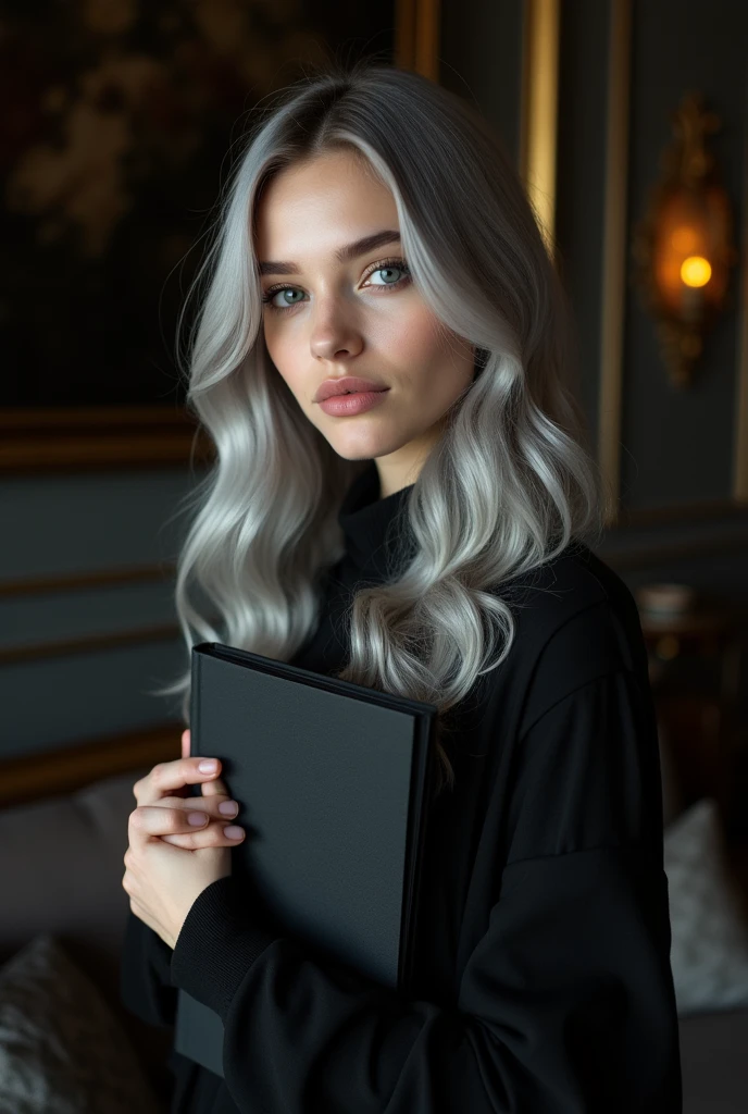 Beautiful girl with white skin, light gray hair below the shoulders, with bright shining eyes, soft, flowing facial features, professional photo, 4K, a high resolution, high detail, aesthetically pleasing, Beautiful, realistic, standing straight, looks straight, holding a black book against a dark living room background, (highly detailed skin:1.2), 8k contract, SLR camera, very detailed face, artistic composition, photo,