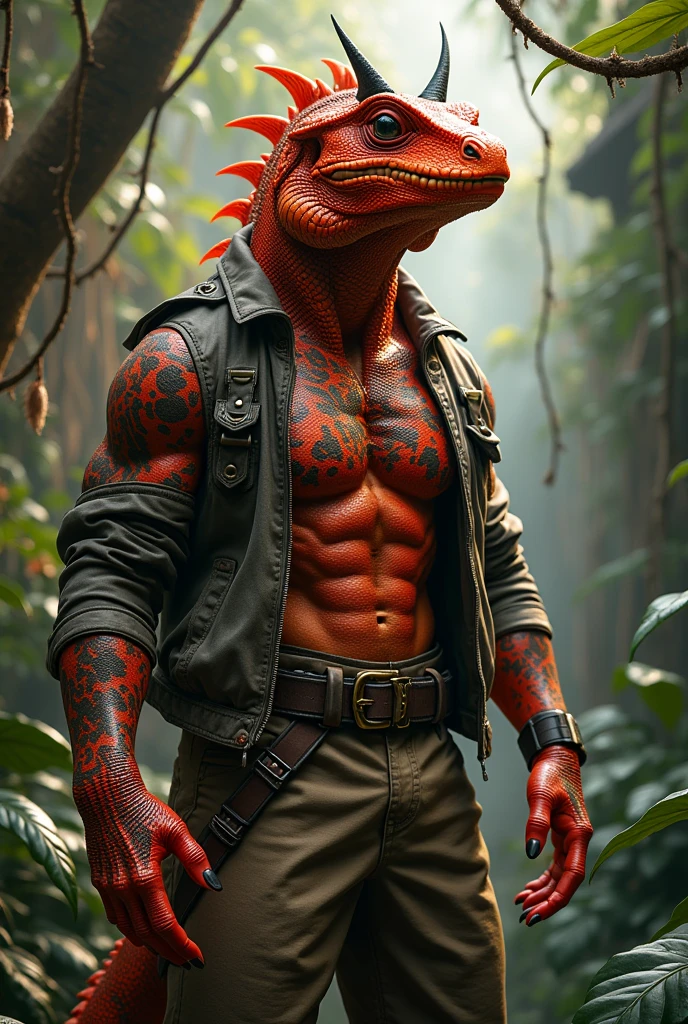 Lizardman red With small black horns Indian Jones clothing Without hat Red scales Tattooed