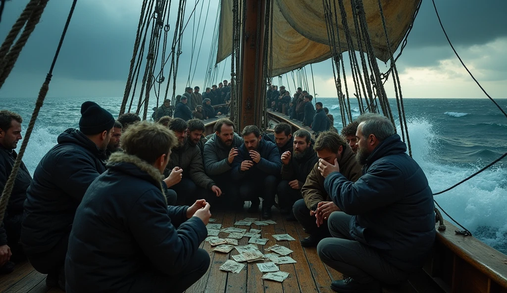 A scene of passengers gathered on the deck of an old sailing ship, amidst high waves and black clouds, in panic, drawing lots to see who should be thrown into the sea. 