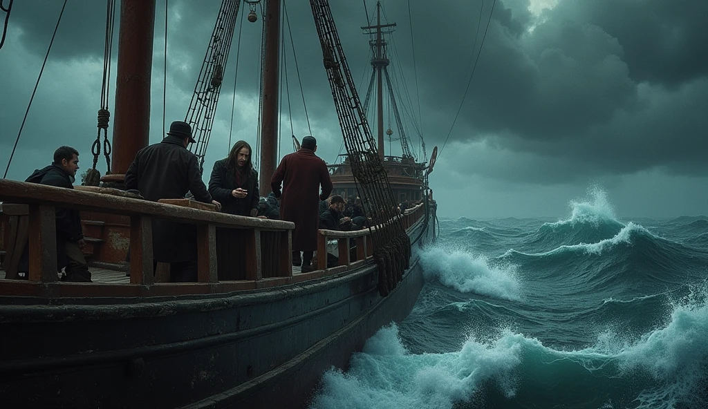 A scene of passengers gathered on the deck of an old sailing ship, amidst high waves and black clouds, in panic, drawing lots to see who should be thrown into the sea. 