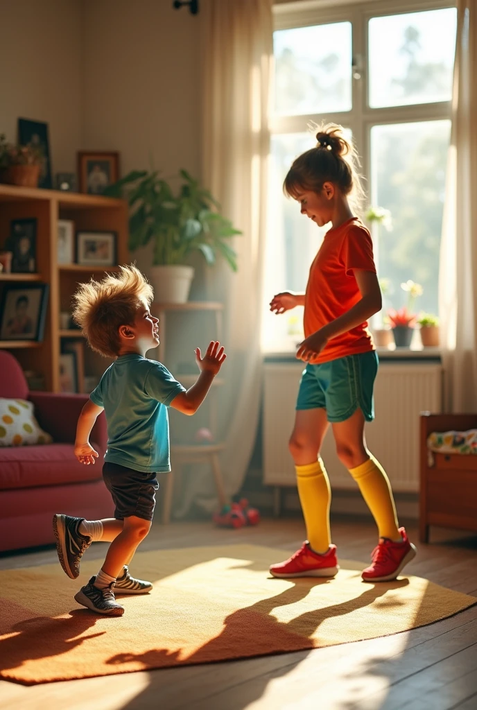 Boy scoring a goal against his tall mother who is a goalkeeper in her house, both are somewhat ignorant