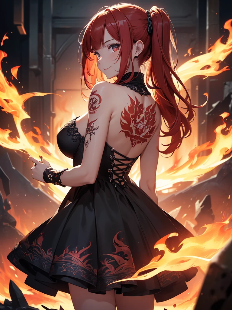 (((best quality, sharp image, clear image, cinematic lighting, 8k resolution, masterpiece, ultra detailed, intricate))) Girl, (((looking over left shoulder))), (shot from behind), ((shot from hip up)), fiery red hair, pigtails, ((intricate black dress)), ((flaming sigils, flaming runes)), spiky rock formations, (flaming lotus flowers frame), (intricate background), (chaotic background), ((Phoenix)), (swirling flames), smiling,tatoo on back