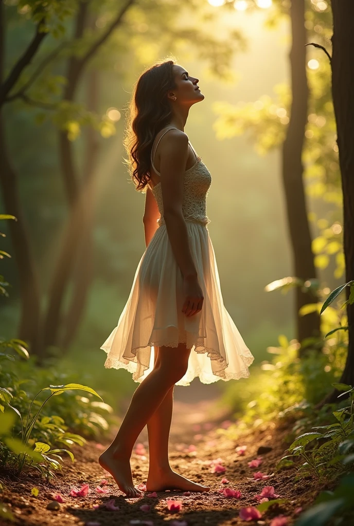 Emma Watson in heels with perfect feet, looking at the sky naked