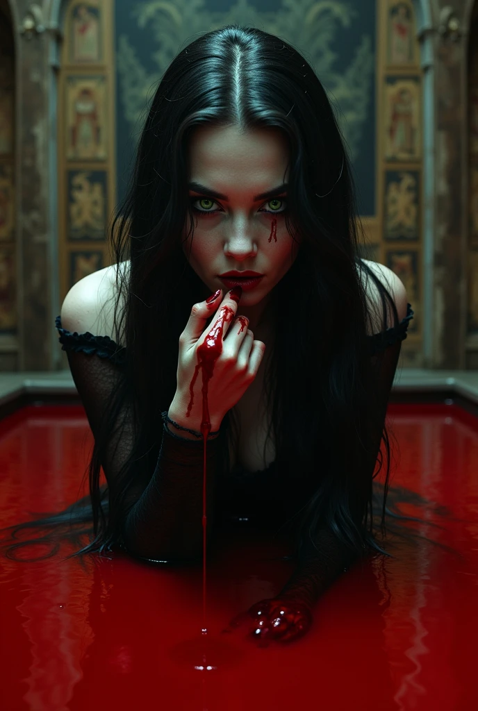Vampire woman in a pool of blood looking straight ahead with a look of despair as she wipes her mouth which is also covered in blood