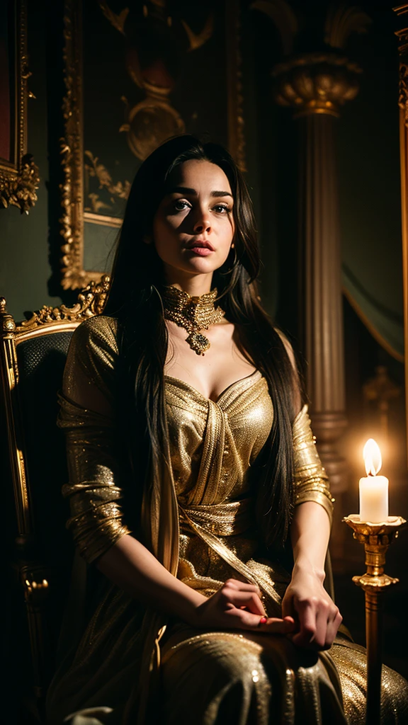 Dominant scene on a throne of bone
• Prompt: Preity sits naked on a throne of bone in a gloomy hall, her gaze is cold and piercing. Around her neck she wears a heavy, Gold collar, while her hands rest on the armrests, poised, to demonstrate her power. The light casts deep shadows on her body and the throne, amplified by torches on the walls.
• Details: ISO 1600, f/3.2, 1/60s, 85mm focal length, torchlight as the main source of light.