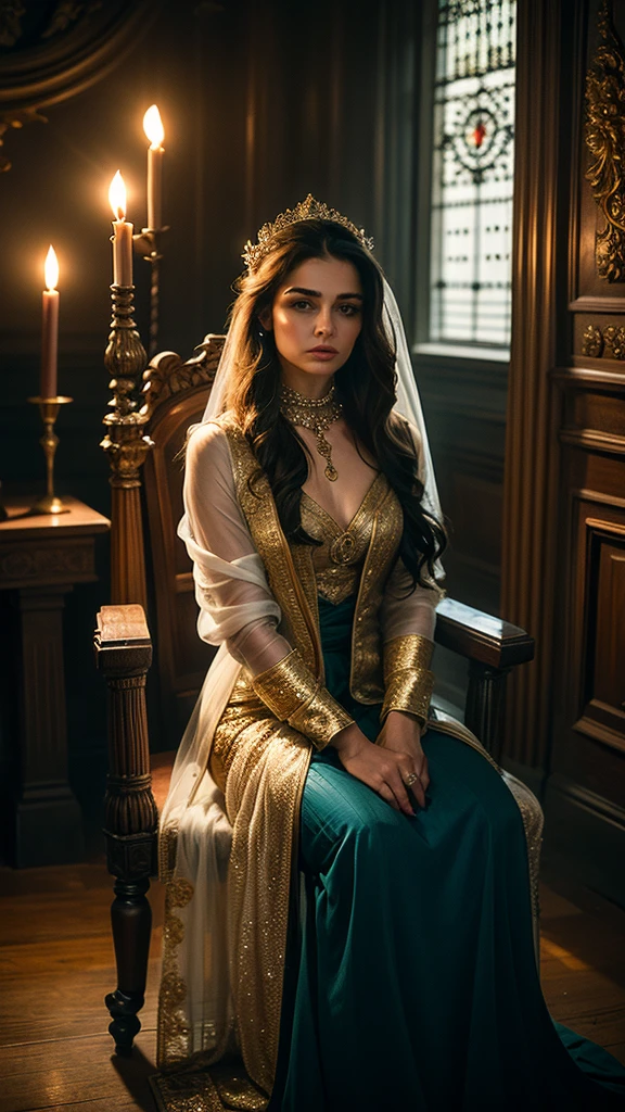 Dominant scene on a throne of bone

•	Prompt: Preity sits naked on a throne of bone in a gloomy hall, her gaze is cold and piercing. Around her neck she wears a heavy, Gold collar, while her hands rest on the armrests, poised, to demonstrate her power. The light casts deep shadows on her body and the throne, amplified by torches on the walls.
	•	Details: ISO 1600, f/3.2, 1/60s, 85mm focal length, torchlight as the main source of light.