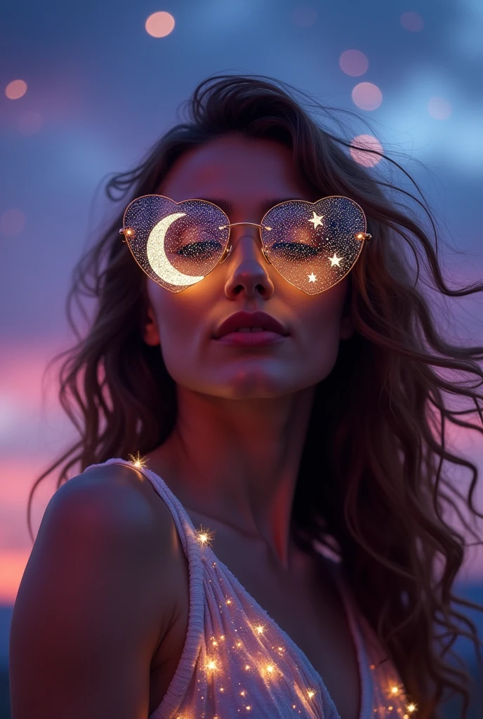 The model is wearing glass sunglasses with stars and the moon on the glass
