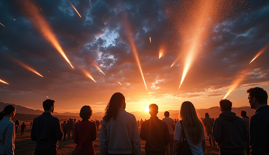 A vivid scene of the night sky ablaze with falling stars, streaking towards the Earth like fiery comets. The stars leave trails of bright light behind them as they plummet, illuminating the dark sky. Below, the landscape is chaotic, with people looking up in awe and fear as the heavens seem to collapse. The ground shakes with the impact of the stars, causing devastation wherever they land. The image conveys the catastrophic and otherworldly power of the event, signaling the end of times.