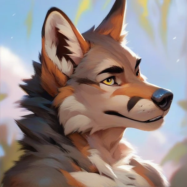 furry, coyote, male, yellow eyes, fluffy, beige fur , head view