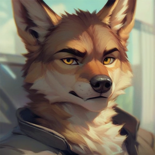 furry, coyote, male, yellow eyes, fluffy, beige fur , head view