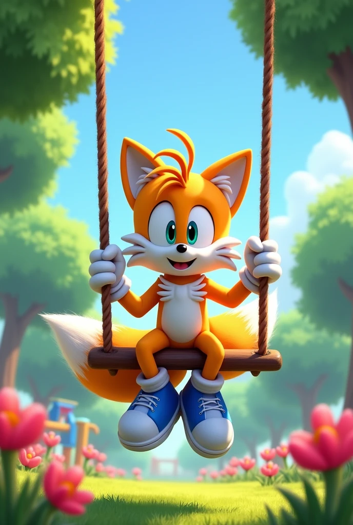 Tails Prower, Miles Prower, solo, looking at viewer, smile, 1boy, sitting on a swing full body, 2d animation with his shoes and gloves on 