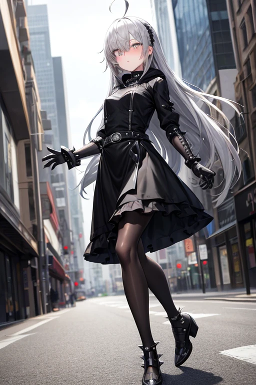 ((best quality)), ((masterpiece)), (detailed), 1 girl, Full body, 18 years old, Depressed face, Silver eyes, Arms outstretched, Arms behind waist, Eyes covered, Blushing, Silver hair, long hair, ahoge, Bangs, strand of hair covering her right eye, Full body, very tall, Small breasts, Slim body, Grey hood, Metal spikes, Grey wristbands, Long black gloves with spikes, Grey goth outfit, Gothic lolita, Grey dress, Metal emblem, Tight fitting, Black belt, Metal skin, Black pantyhose, Black shoes, Walking through the city, Metal spikes coming out of the road, City background, Anime