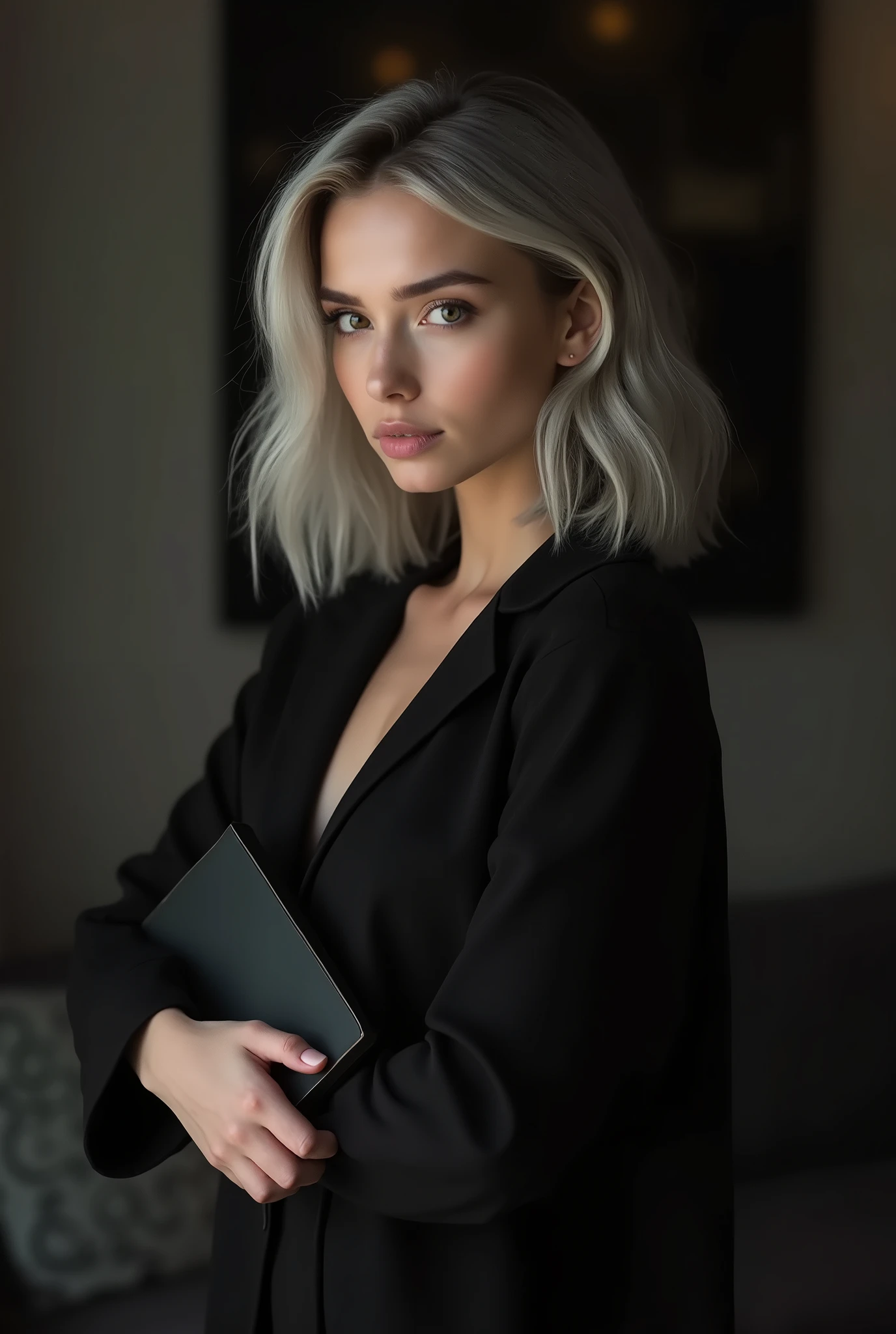 Beautiful girl with white skin, light gray hair below the shoulders, with bright shining eyes, soft, flowing facial features, professional photo, 4K, a high resolution, high detail, aesthetically pleasing, Beautiful, realistic, standing straight, looks straight, holding a black book against a dark living room background, (highly detailed skin:1.2), 8k contract, SLR camera, very detailed face, artistic composition, photo,