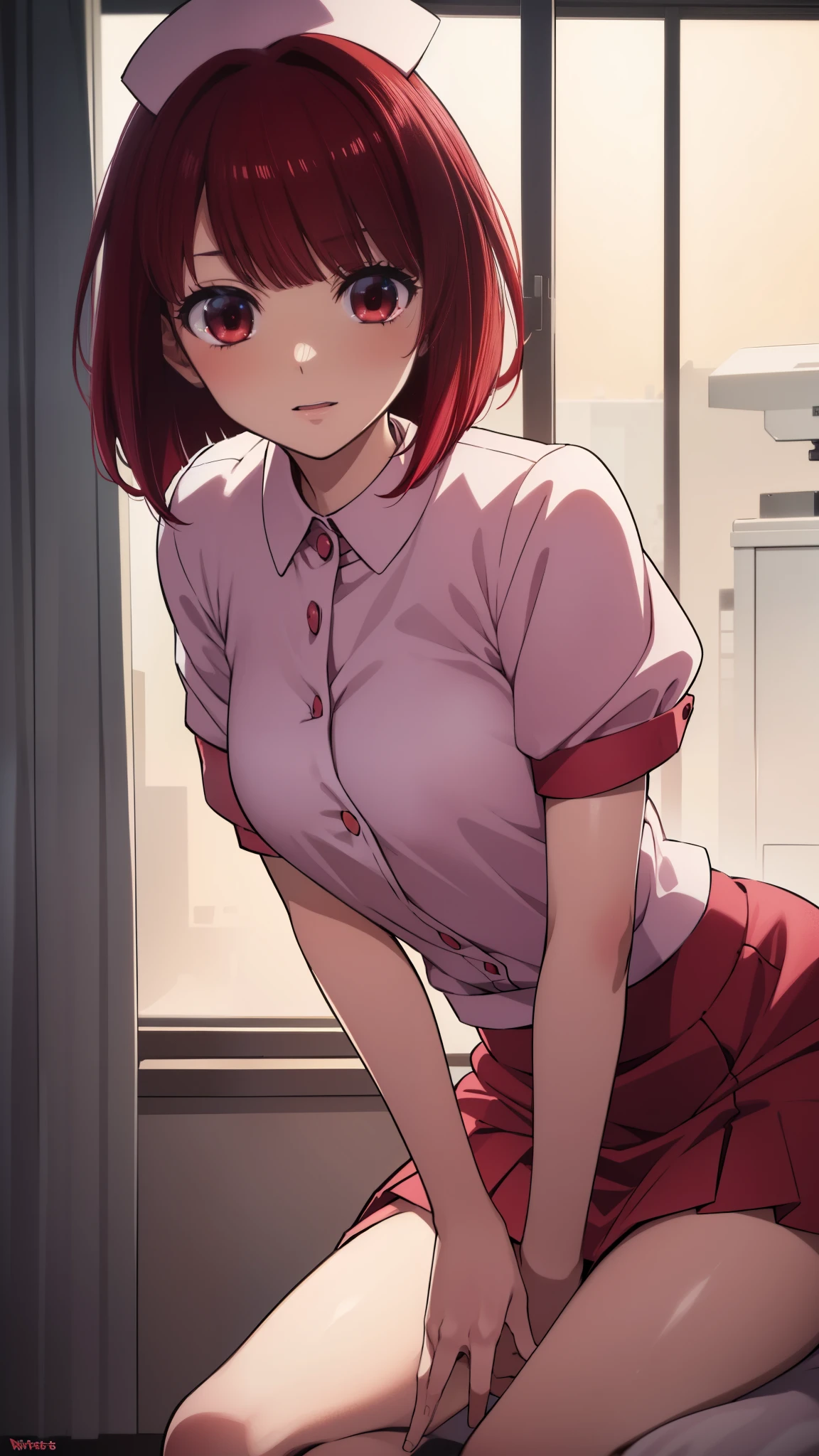 Arima maybe, Arima maybe, bob cut, (red eyes:1.5), redhead, short hair, , nurse cosplay，nurse，hair in the wind，garter、thighs，，sexy，skirt，White nurse uniform，
break looking at viewer,
break indoors, hospital,
break (masterpiece:1.2), highest quality, High resolution, unity 8k wallpaper, (shape:0.8), (beautiful and detailed eyes:1.6), highly detailed face, perfect lighting, Very detailed CG, (perfect hands, perfect anatomy),