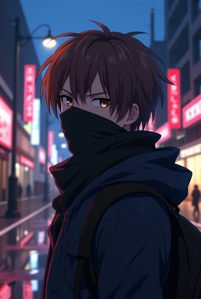 Anime character with a bandana covering their mouth,
With a parted hairstyle with medium-length hair, brown in color, the character must be male. The bandana is black and should be somewhat tight.