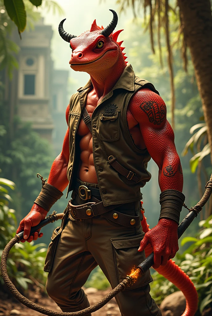 Lizardman red
With small black horns
Indiana Jones clothing
Without hat
Red scales
Tattooed
With fire whip 