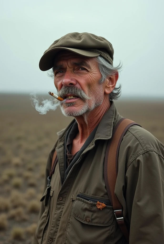 A 57 year old man,smoker,wiry hair , he has yellow teeth,mustache,pessimist,he wears worker's clothes, and a hat .In the background a plain looking ahead