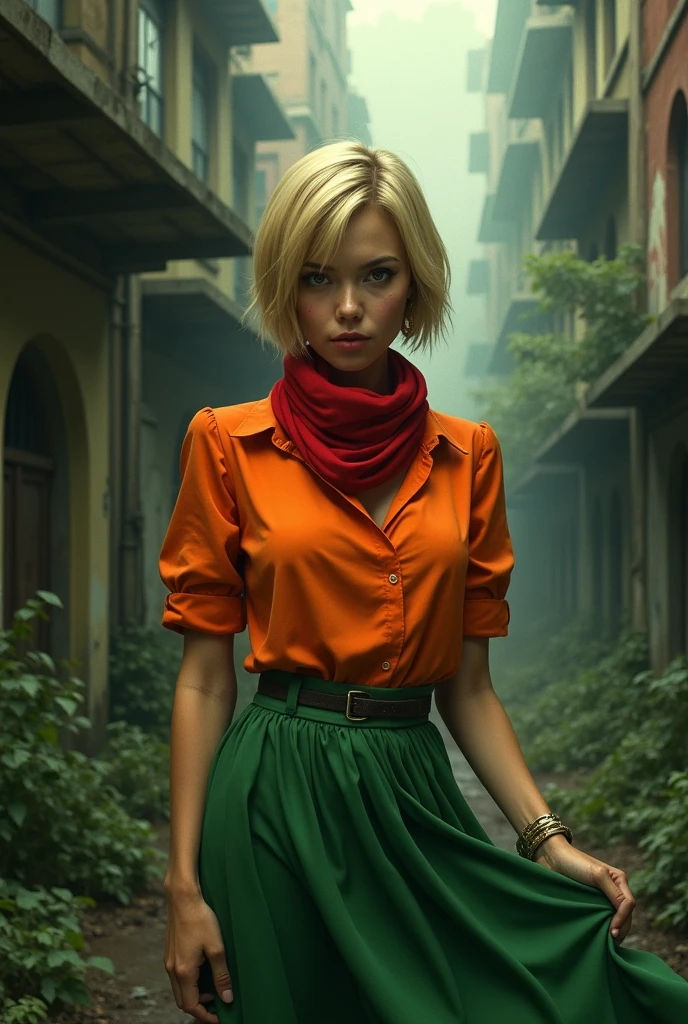 ashley blonde hair short to the cheek,Red scarf,orange shirt,green skirt to the thigh, beautiful,resident evil 4.