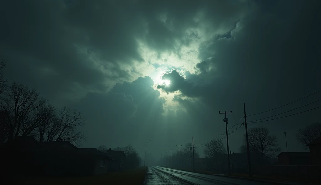 A chilling scene of the Earth gradually being enveloped by a deep, oppressive darkness. The sun, once bright and warm, is now obscured by thick, menacing clouds, casting long shadows over the landscape. Cities and natural landscapes alike fall under this creeping shadow, as day turns to an unnatural night. The sky is an eerie mix of black and dark gray, with faint glimmers of light struggling to break through. The atmosphere is heavy with tension, as people look up in fear and confusion, realizing that the light is fading, and darkness is taking over