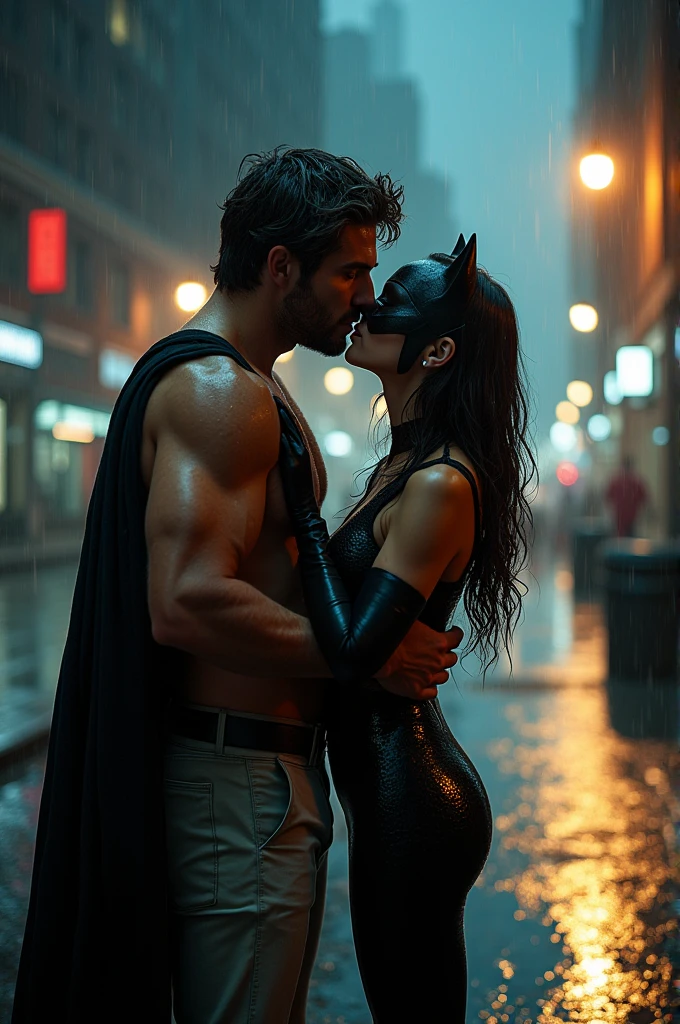 Catwoman Kissing A Normal Shirtless Man On The Lips But Wearing Pants On A Rainy Night