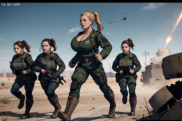 group of female soldiers on the battlefield during a firefight, war photography, (cinematic lighting:1.1), highest quality, photo of (group of fully dressed really tanned 20yo sexy muscular female army special forces with taut clothing military top, ponytail hair, running holding a rifle), (bouncing breasts, motion lines, motion blur), too tight military shirt with cleavage, medium_boltedontits, perfectly round breasts, breast implants, unaligned breasts, perfect face, parted lips, dumb expression, (wearing military Combat uniform, battlepack, boots:1.2), athletic body, on the battlefield, fake tits, bootsnutes, explosions, war,