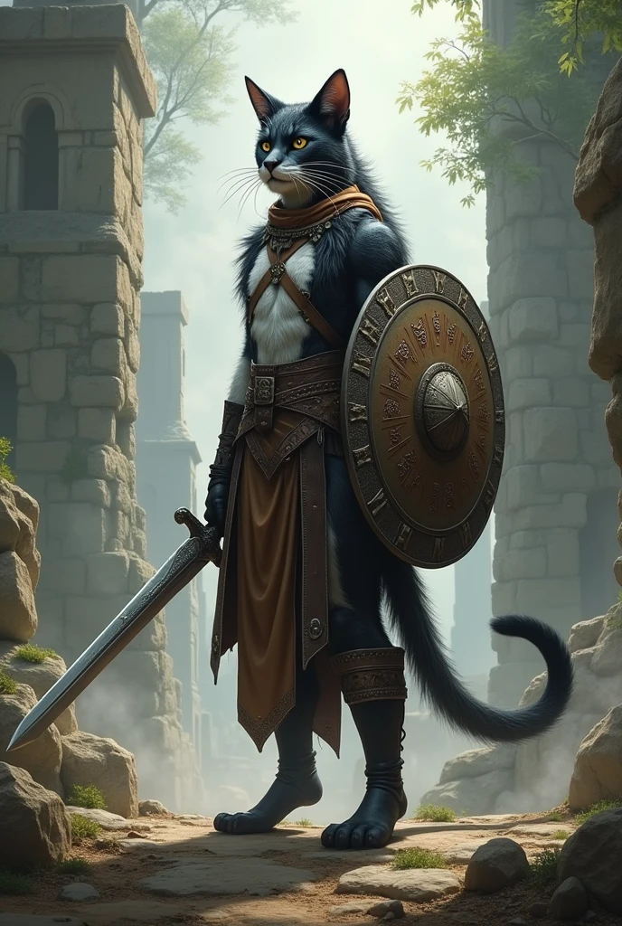 I want you to make an image of a humanoid feline holding a body shield
On the left arm
Put some leather armor on it
Now a longsword on the right arm
The body is to have fur
And I want the fur to be black and white