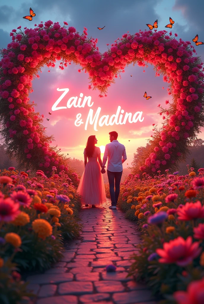 Generate realistic a vibrant garden filled with blooming flowers and butterflies, forming the shape of a heart, as a couple strolls hand in hand with neon glowing two names 'Zain' and 'Madina' and a heart between them.