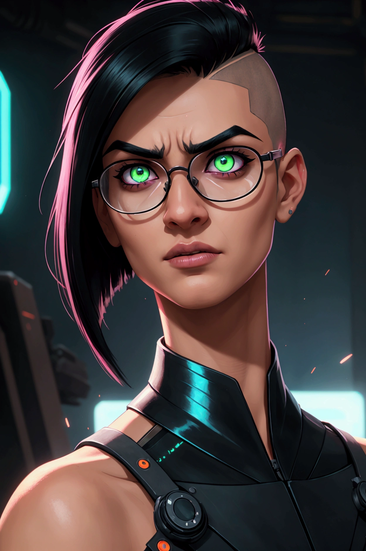 (appearance) a young man of South Asian race, with black hair, slightly narrow green eyes eyes, (suite) dressed in a плотный черный плащ of the future with luminous elements, glasses with eyepieces, narrow luminous cyberpunk glasses, glasses of the future, (hairstyle) almost completely shaved head, shaved temples, In the middle is a mohawk, narrow and short mohawk, long narrow mohawk with cutouts, (effects) 8k quality,  sharp focus,fine details, HDR, realism, realistic,  key visual, film still, cinematic color grading, depth of field, background cyberpank 2077, Night, neon light, (emotional) a stern face, with glowing eyes, A face in partial shade, expressive look, expressive face, sci-fi, telephoto shot, chromatic aberrations, tilt-shift effect, light leaks, expressive narrow eyebrows, neon colors