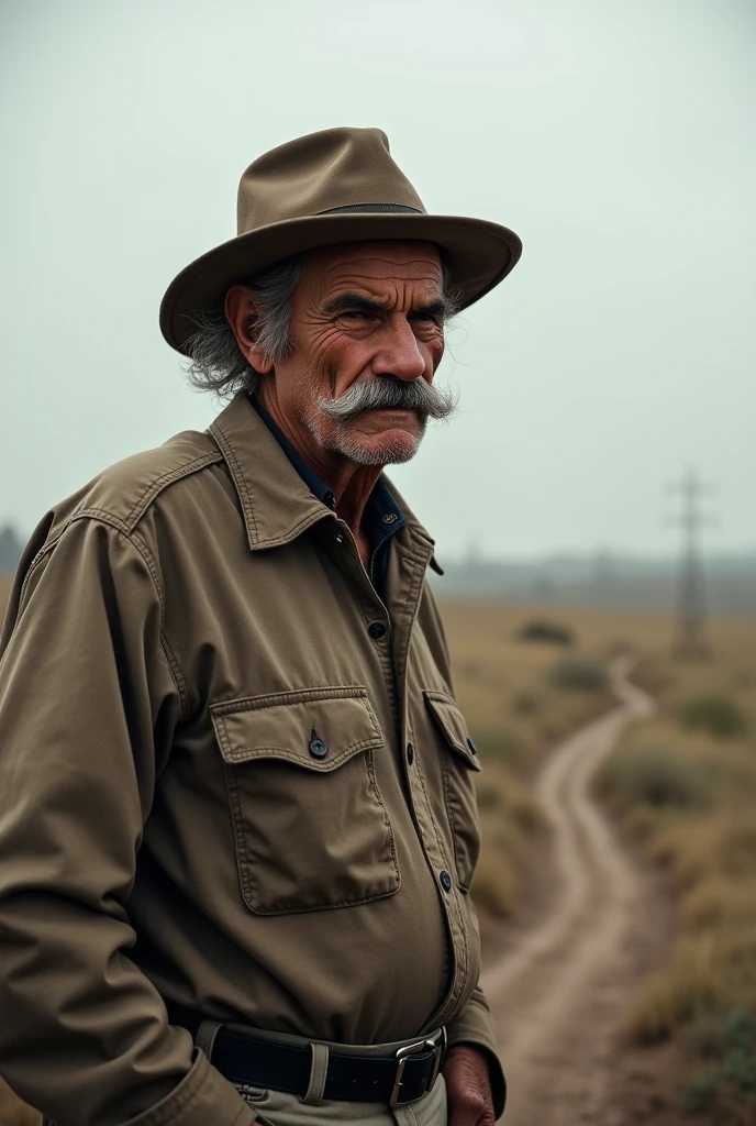 A 57 year old man,smoker,wiry hair , he has yellow teeth,mustache,pessimist,he wears worker's clothes, and a hat .In the background a plain looking ahead