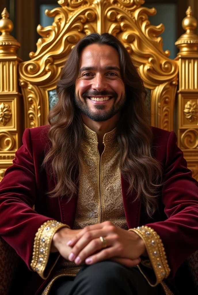 A man with a smiling face, long brown hair, sitting on a throne made entirely of gold and diamonds, depicted from the front, surrounded by golden walls.