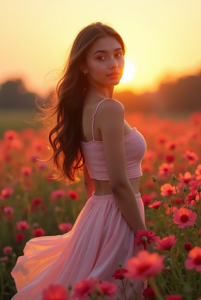 EveSava, (32K resolution, masterpiece, ultra high quality, best quality, ultra high definition, perfect anatomy, Incredibly detailed, RAW, ultra super realistic, photorealistic, cinematic lighting, exquisitely detailed, extremely intricate, 8k UHD, high resolution), (1girl), cropped off-shoulder tank top, skirt, elegant hair, standing in the middle of a flower field, flirty, dynamic vivid colors