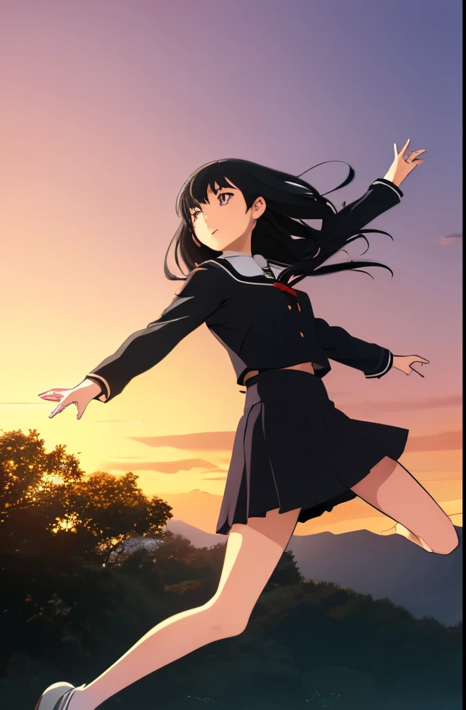 Black haired school girl、Determined eyes、Hard look、With arms outstretched、Jumping down from somewhere、A painting falling down、Picture from the front、Full body painting、Angle from below、Sunset、Beautiful sky