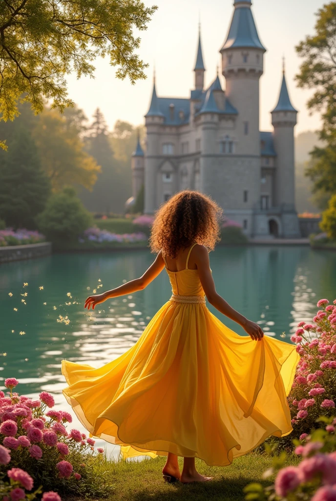 Enchanted garden with a castle in the background, a lake in front, and a princess with curly hair wearing a yellow dress.